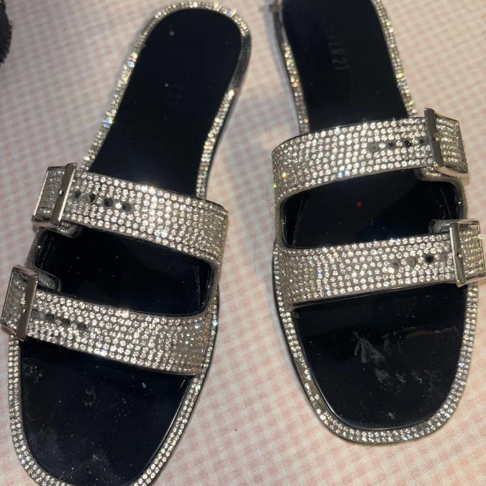 Forever 21 Silver Rhinestone Buckle Slide Sandals *worn off spots. - Picture 2 of 5